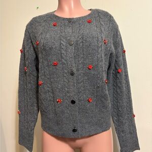 Hazel Moon Women’s Small Gray button down cardigan silver buttons W/Red‎ Roses